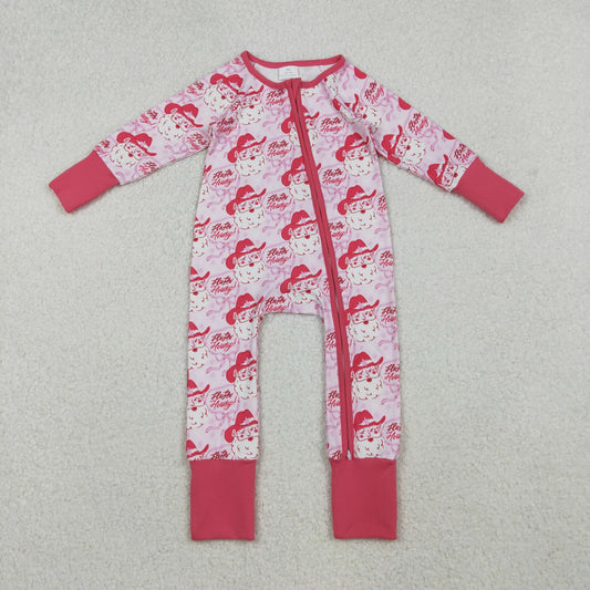 10.15 RTS NO MOQ （In stock）LR2243 Baby Girls Winter Rompers Baby Girls Pink Bows Santa Christmas Zipper Footie Rompers
