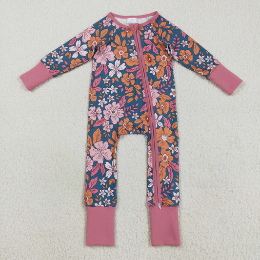 8.25 RTS NO MOQ （In stock）LR2244 Baby Girls Winter Rompers Baby Girls Lavender Long Sleeves Floral Zipper Rompers