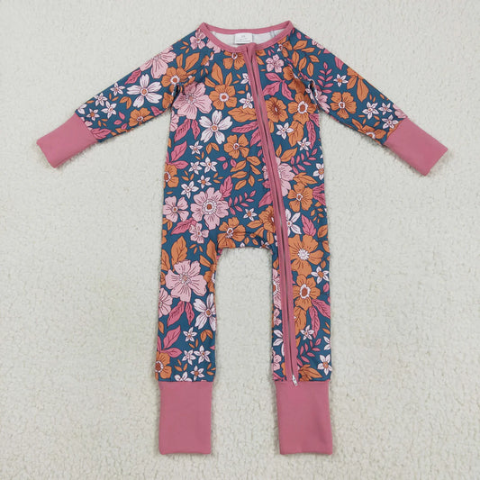 USA Warehouse (IN STOCK) LR2244 Baby Girls Winter Rompers Baby Girls Flowers Zipper Footie Rompers