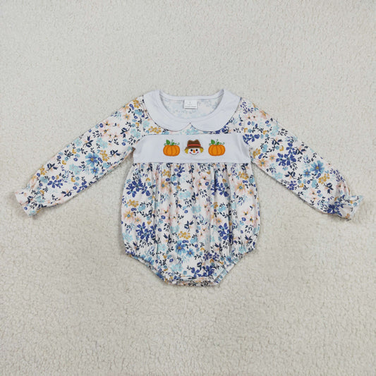 RTS NO MOQ （In stock）LR2246 Baby Girls Winter Rompers Embroidery Pumpkins Scarecrow Baby Girls Floral Ruffle Rompers