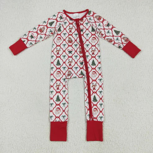 12.12 RTS Sibling Baby Kids Holly Bows Santa Christmas Two Way Zip Convertible Rompers