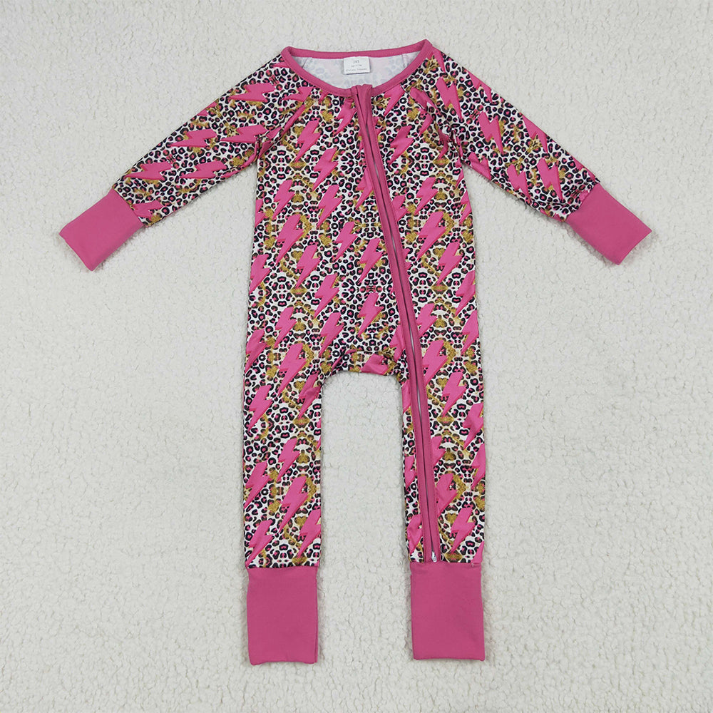 RTS NO MOQ （In stock） LR2250 Baby Girls Winter Rompers Baby Girls Western Pink Lightning Leopard Zipper Rompers