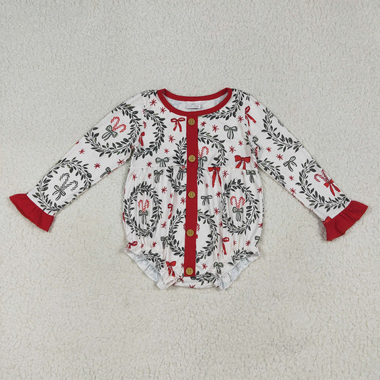 RTS NO MOQ （In stock）LR2252 Baby Girls Winter Rompers Baby Girls Christmas Red Green Bows Button Ruffle Rompers