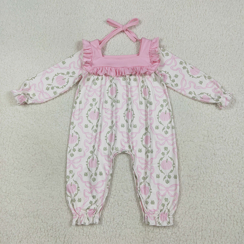 RTS NO MOQ （In stock）LR2255 Baby Girls Winter Rompers Baby Girls Long Ruffle Sleeves Pink Pumpkins Bows Plaid Pant Rompers