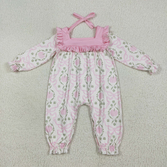 RTS NO MOQ （In stock）LR2255 Baby Girls Winter Rompers Baby Girls Long Ruffle Sleeves Pink Pumpkins Bows Plaid Pant Rompers
