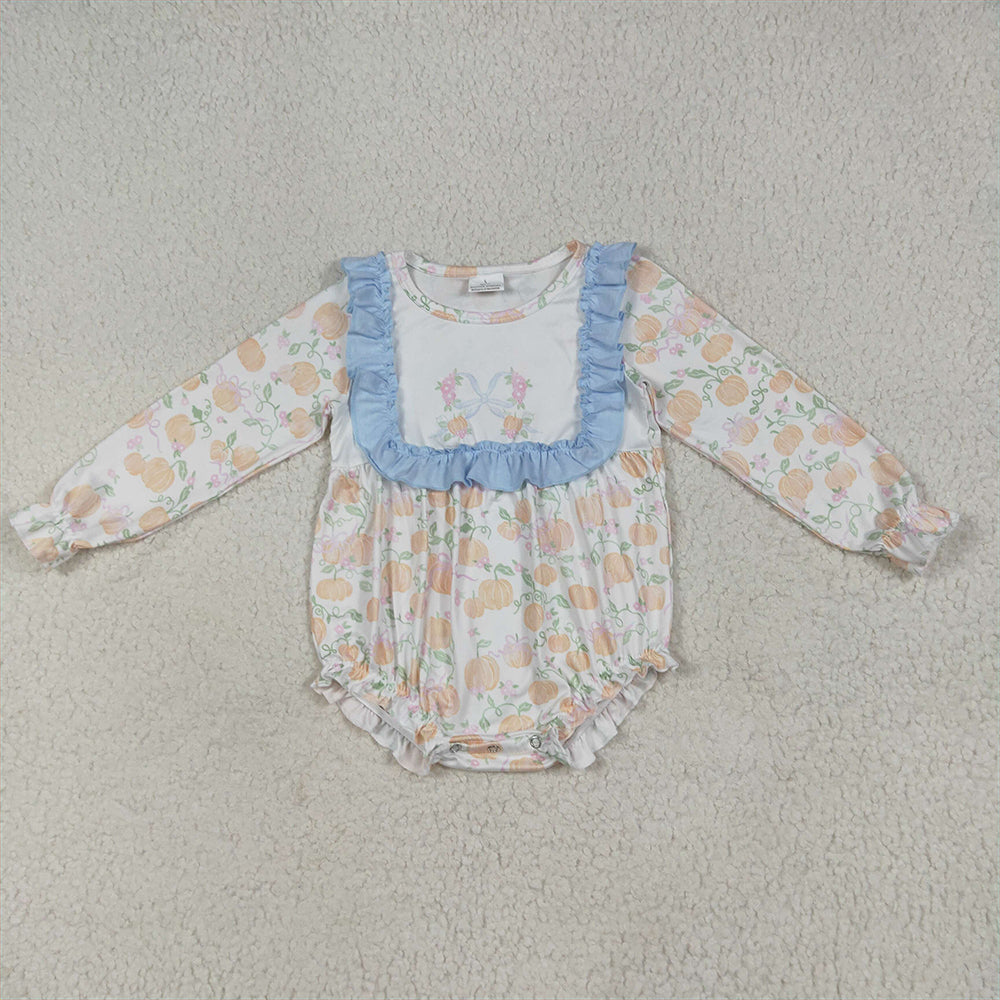 RTS NO MOQ （In stock） LR2256 Baby Girls Winter Rompers Baby Girls Long Sleeves Pumpkins Bows Plaid Ruffle Rompers