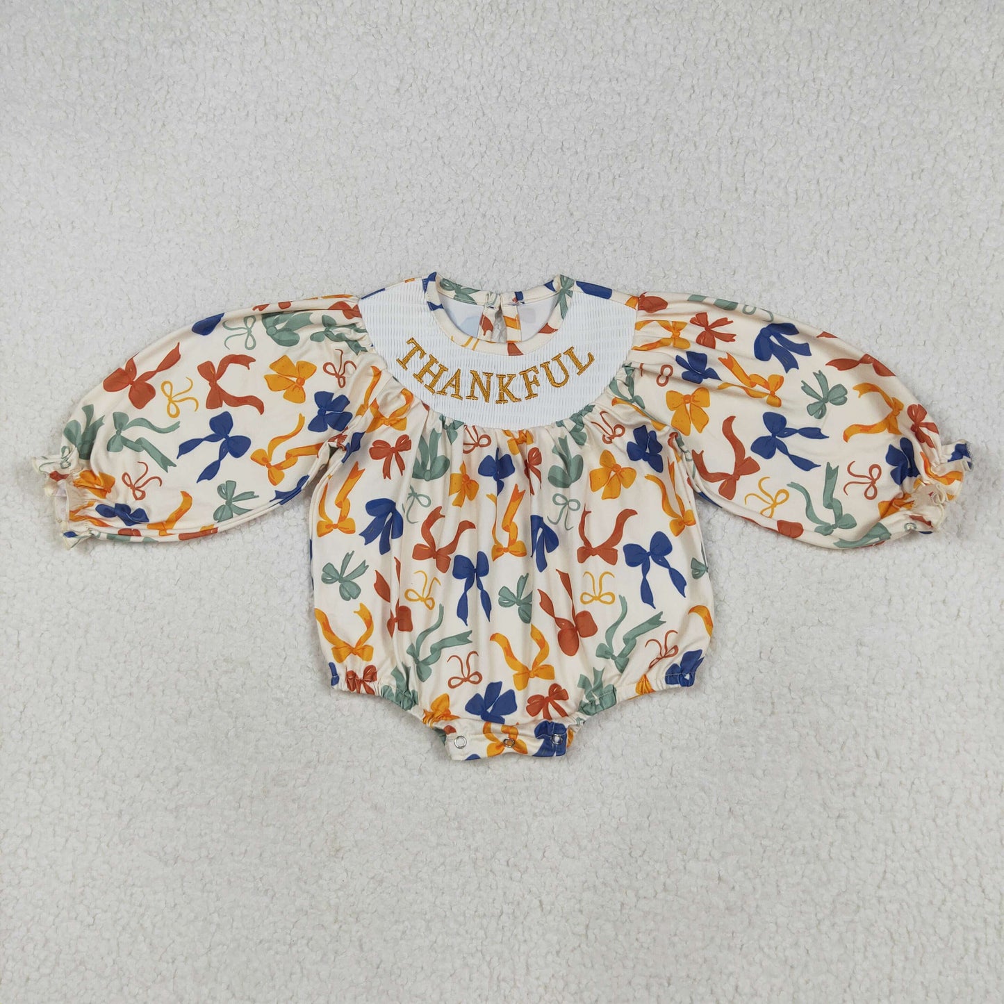 USA Shop (in stock)LR2257 Baby Girls Winter Rompers Baby Girls Smocked Thankful Colorful Bows Ruffle Rompers