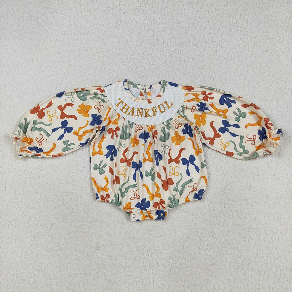 10.1 RTS Sibling Smocked Embroidery Baby Girls Thanksgiving Thankful Colorful Bows Rompers Dresses