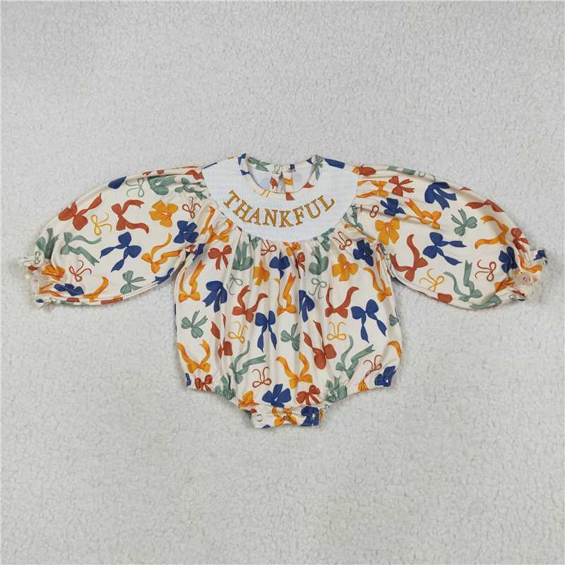 USA Warehouse (IN STOCK) LR2257  Thankful Smocked Girls Thanksgiving Romper Long Sleeves Bows Outfit for Special Occasions