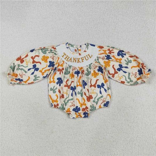 USA Warehouse (IN STOCK) LR2257  Thankful Smocked Girls Thanksgiving Romper Long Sleeves Bows Outfit for Special Occasions