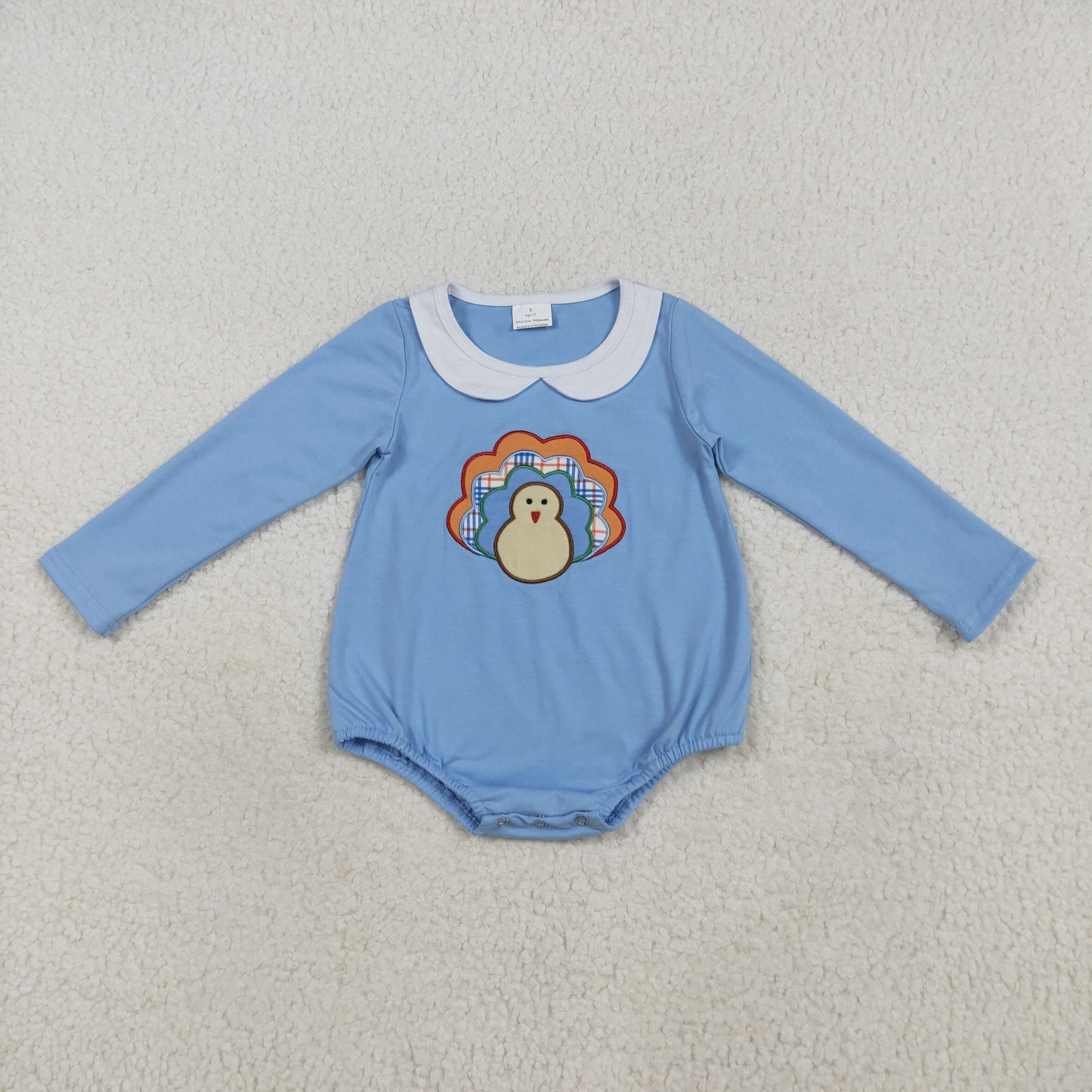 RTS NO MOQ （In stock）LR2261 Baby Boys Winter Rompers Embroidery Baby Boys Blue Long Sleeves Turkey Bummies Rompers