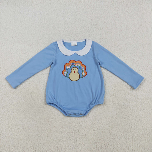 RTS NO MOQ （In stock）LR2261 Baby Boys Winter Rompers Embroidery Baby Boys Blue Long Sleeves Turkey Bummies Rompers