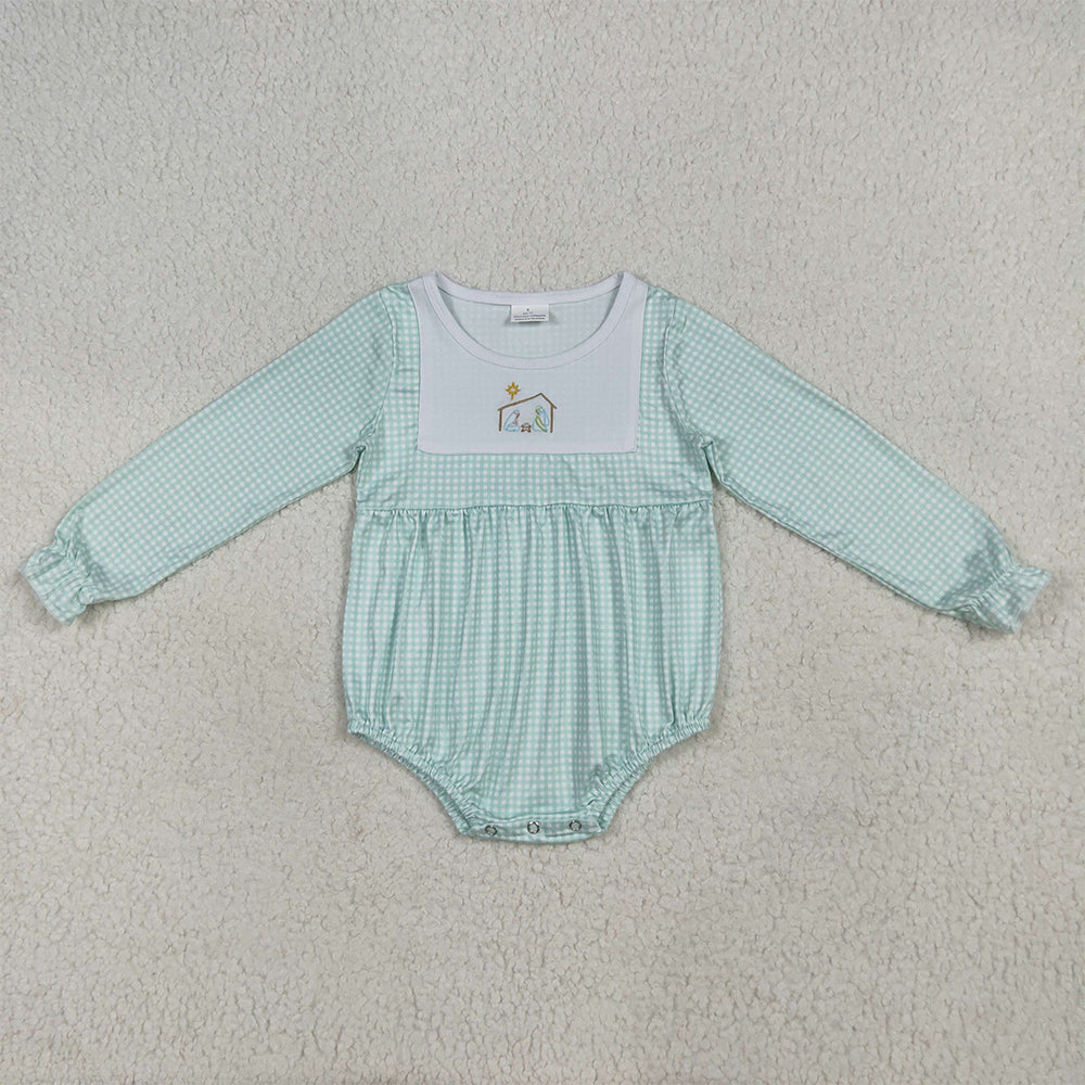 RTS NO MOQ （In stock）LR2265 Baby Girls Winter Rompers Embroidery Baby Boys Aqua Plaid Christmas Jesus Bummies Rompers