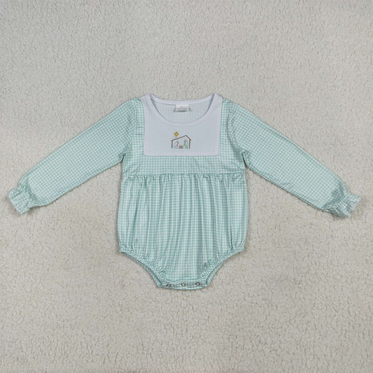 RTS NO MOQ （In stock）LR2265 Baby Girls Winter Rompers Embroidery Baby Boys Aqua Plaid Christmas Jesus Bummies Rompers