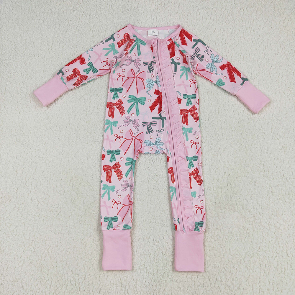 LR2266 RTS NO MOQ Baby Girls Winter Rompers Baby Girls Pink Long Sleeves Colorful Bows Zipper Rompers