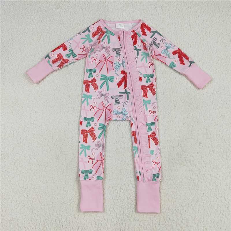 USA Warehouse (IN STOCK) Baby Girls Long Sleeve Zipper Romper with Pink Bows Christmas Theme Cute And Festive Outfit for Little Ones