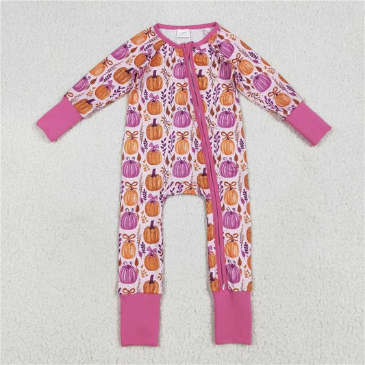 USA Warehouse (IN STOCK) LR2270 Baby Girl Long Sleeve Pumpkin Bow Zipper Romper Cute Fall Outfit for Infants