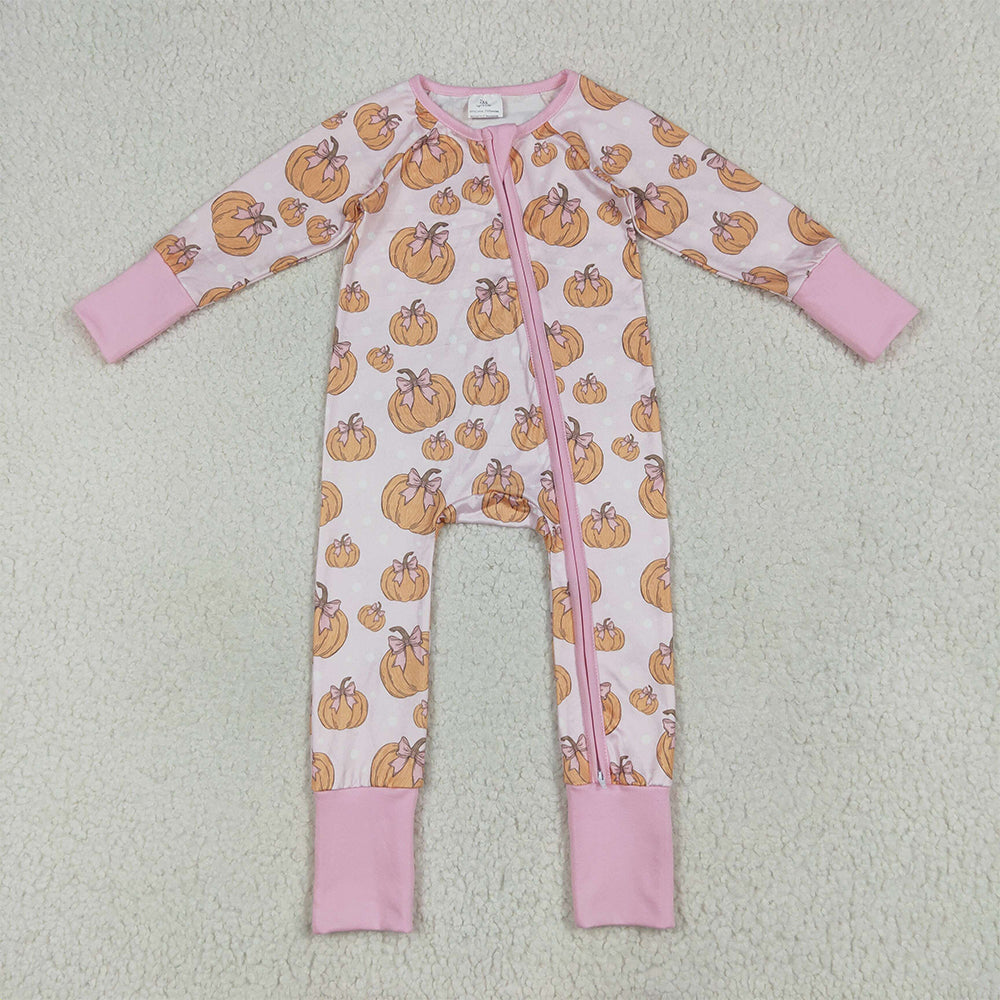 USA Shop (in stock)LR2271 Baby Girls Winter Rompers Baby Girls Long Sleeves Pink Bows Pumpkins Footie Zipper Rompers