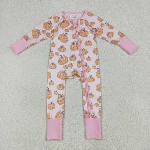 9.29 RTS Sibling Baby Girls Pink Bows Pumpkins Rompers Pajamas Sets