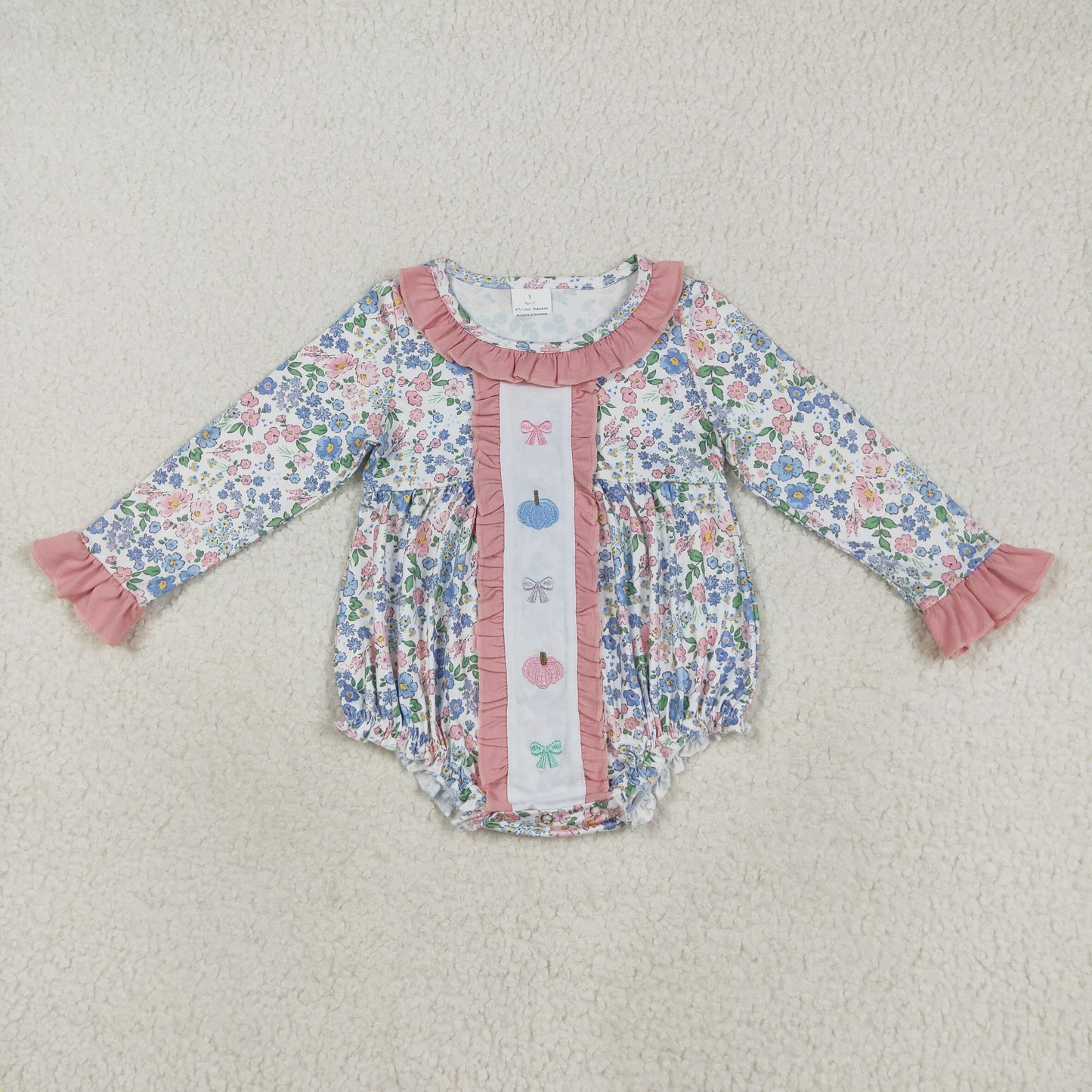 RTS NO MOQ （In stock）LR2273 Baby Girls Winter Rompers Embroidery Baby Girls Long Sleeves Floral Bows Pumpkins Ruffle Rompers