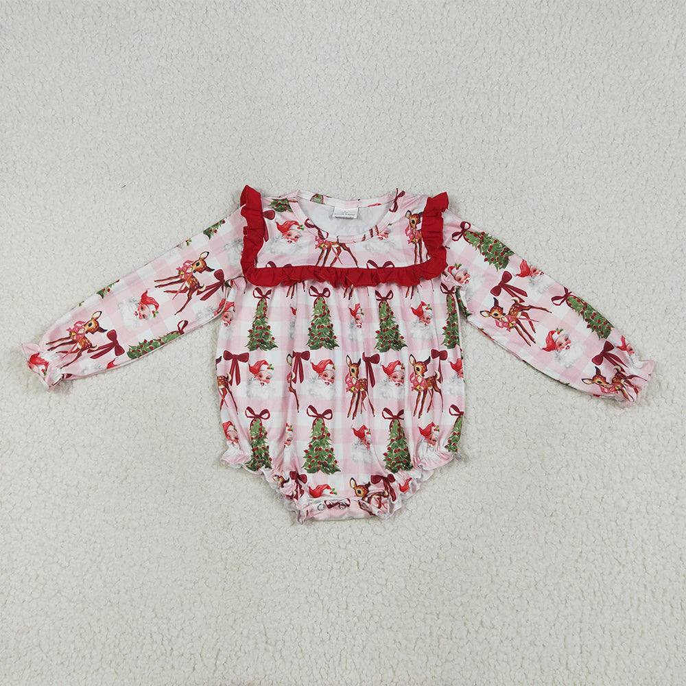 LR2274 RTS NO MOQ Baby Girls Winter Rompers Baby Girls Long Sleeves Pink Plaid Santa Trees Ruffle Rompers