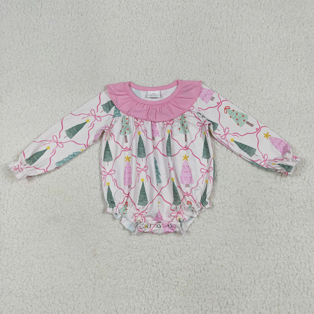 LR2275 RTS NO MOQ Baby Girls Winter Rompers Baby Girls Long Sleeves Pink Bows Trees Plaid Ruffle Rompers
