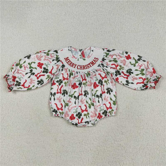 USA Warehouse (IN STOCK) LR2276Girls Smocked Romper with Red Green Bow Merry Christmas Design for Special Occasions