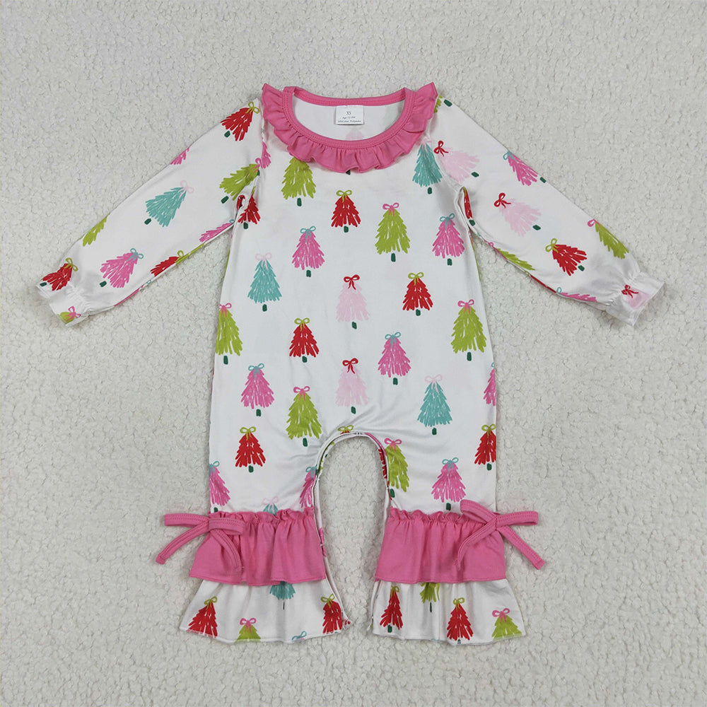 LR2280 RTS NO MOQ Baby Girls Winter Rompers Baby Girls Long Sleeves Colorful Bows Trees Ruffle Pant Rompers
