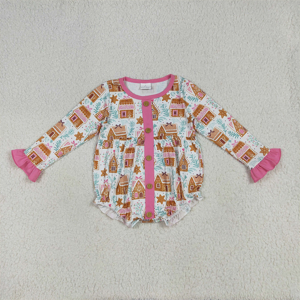 RTS NO MOQ （In stock）LR2282 Baby Girls Winter Rompers Baby Girls Christmas Pink Houses Snowflake Button Ruffle Rompers