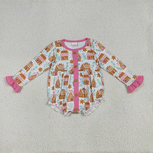 RTS NO MOQ （In stock）LR2282 Baby Girls Winter Rompers Baby Girls Christmas Pink Houses Snowflake Button Ruffle Rompers