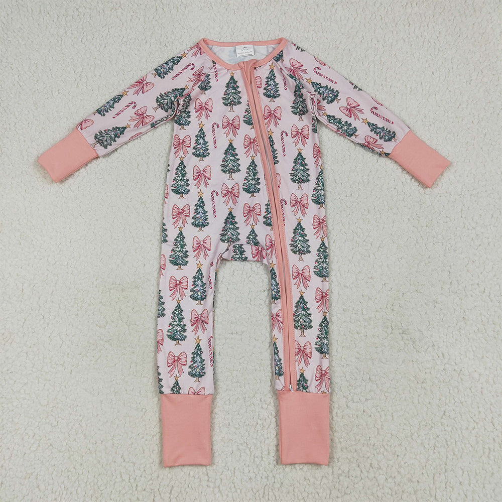 8.14 RTS NO MOQ （In stock） LR2283 Baby Girls Winter Rompers Baby Girls Long Sleeves Pink Bows Trees Zipper Pant Rompers