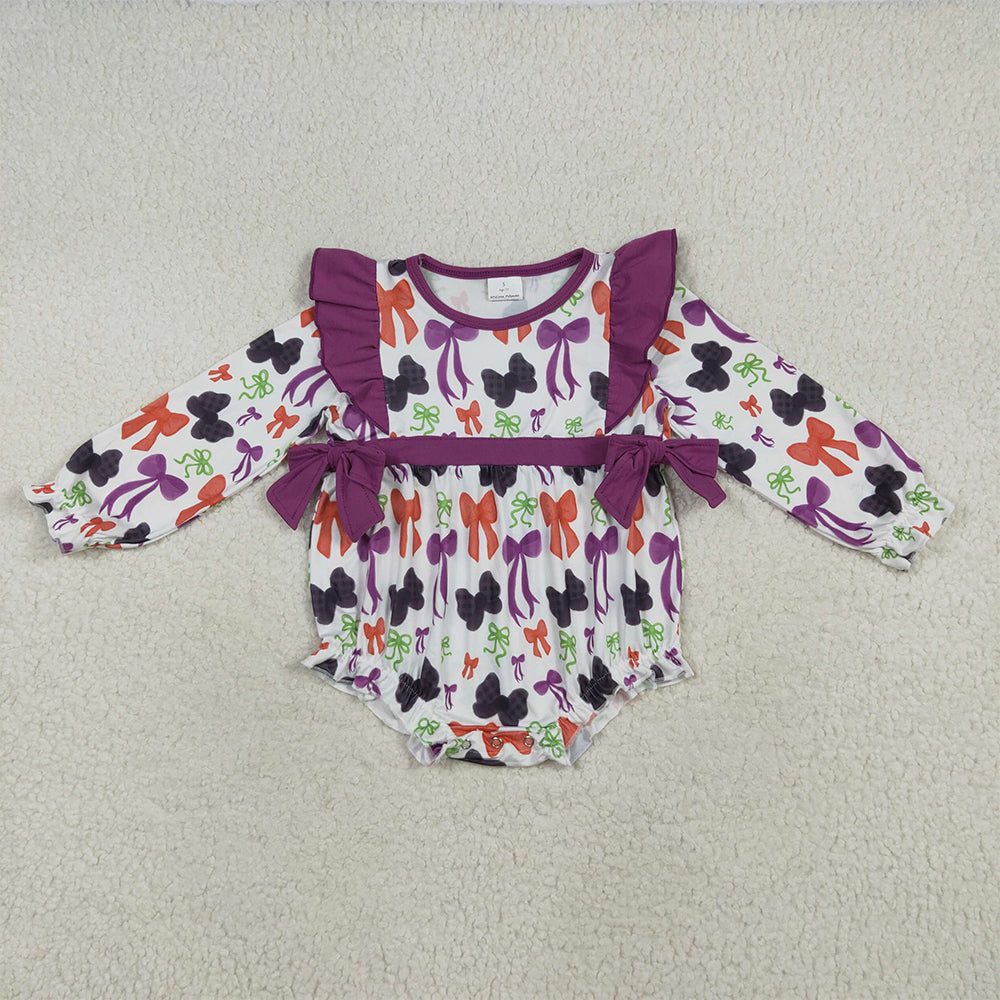 RTS NO MOQ （In stock）LR2285 Baby Girls Winter Rompers Baby Girls Halloween Colorful Purple Bows Ruffle Rompers