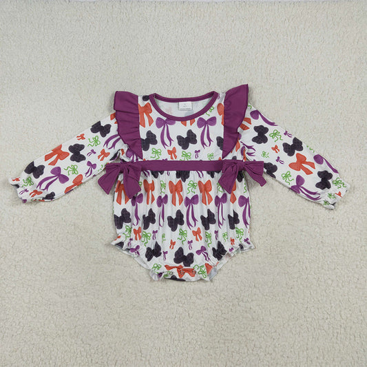 RTS NO MOQ （In stock）LR2285 Baby Girls Winter Rompers Baby Girls Halloween Colorful Purple Bows Ruffle Rompers