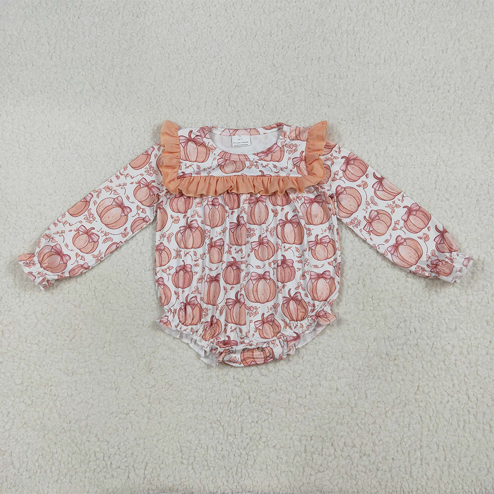 RTS NO MOQ （In stock）LR2295 Baby Girls Winter Rompers Baby Girls Long Ruffle Sleeves Bows Pumpkins Rompers