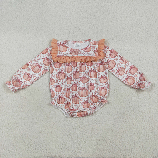 RTS NO MOQ （In stock）LR2295 Baby Girls Winter Rompers Baby Girls Long Ruffle Sleeves Bows Pumpkins Rompers