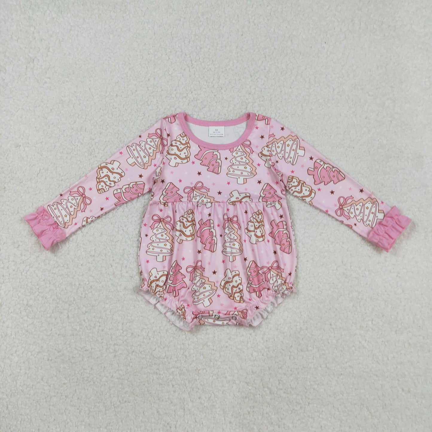RTS NO MOQ （In stock）LR2301 Baby Girls Winter Rompers Long Sleeve Romper Pink Bow Christmas Tree Cake Design Cute Holiday Outfit for Little Ones