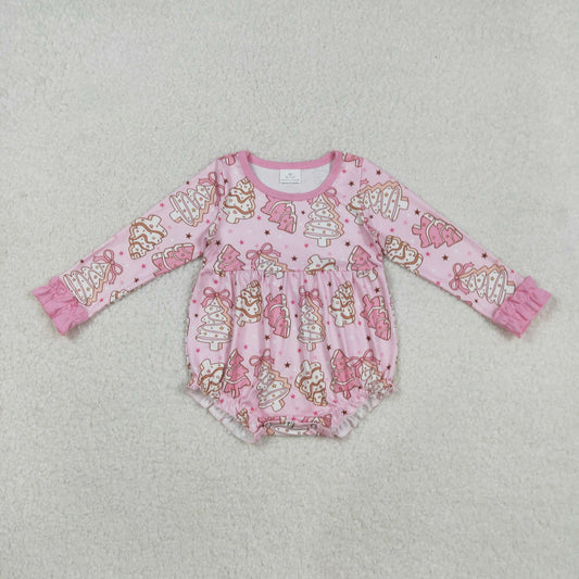 RTS NO MOQ （In stock）LR2301 Baby Girls Winter Rompers Long Sleeve Romper Pink Bow Christmas Tree Cake Design Cute Holiday Outfit for Little Ones
