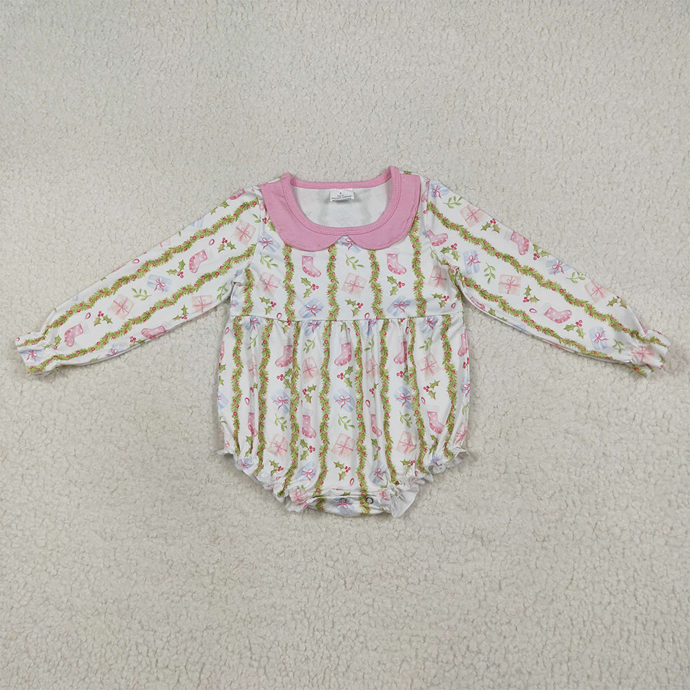 RTS NO MOQ （In stock）LR2324 Baby Girls Winter Rompers Baby Girls Christmas Gifts Floral Stripe Ruffle Rompers