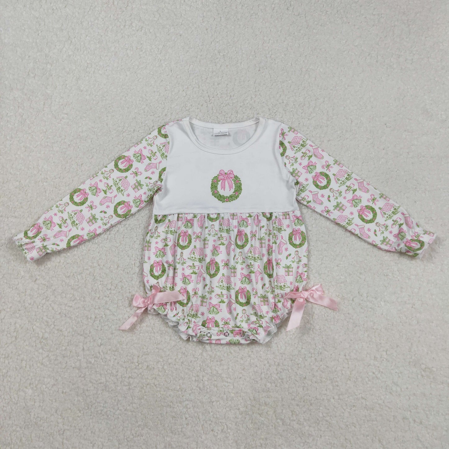 RTS NO MOQ （In stock）LR2325 Baby Girls Winter Rompers Baby Girls Long Sleeves Pink Gifts Bows Holly Plaid Ruffle Rompers