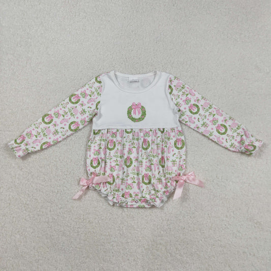 RTS NO MOQ （In stock）LR2325 Baby Girls Winter Rompers Baby Girls Long Sleeves Pink Gifts Bows Holly Plaid Ruffle Rompers