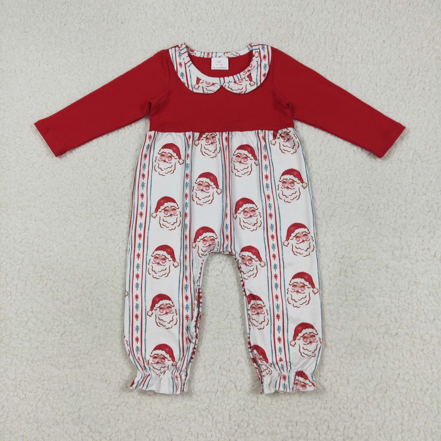 RTS NO MOQ （In stock）LR2331 Baby Girls Winter Rompers Baby Girls Red Christmas Santa Stripe Ruffle Pant Rompers