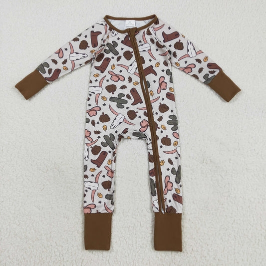 RTS NO MOQ （In stock）LR2334 Baby Boys Winter Rompers Baby Boys Western Brown Long Sleeves Bull Skull Cactus Zipper Rompers