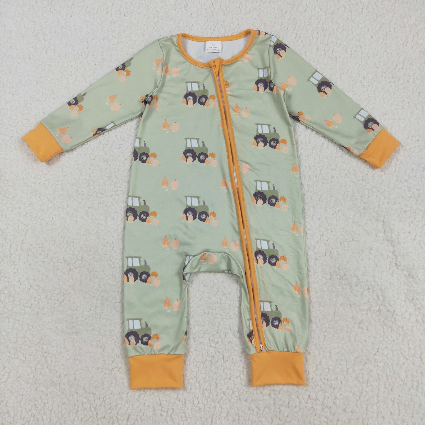 RTS NO MOQ （In stock）LR2335 Baby Boys Winter Rompers Baby Boys Green Long Sleeves Pumpkins Trucks Zipper Rompers