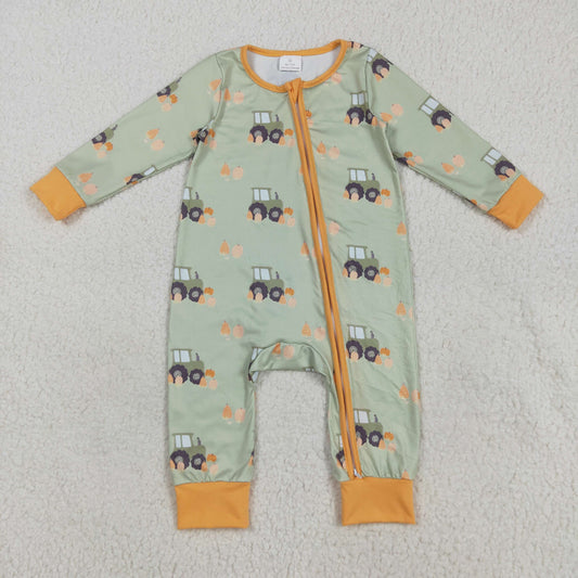 RTS NO MOQ （In stock）LR2335 Baby Boys Winter Rompers Baby Boys Green Long Sleeves Pumpkins Trucks Zipper Rompers