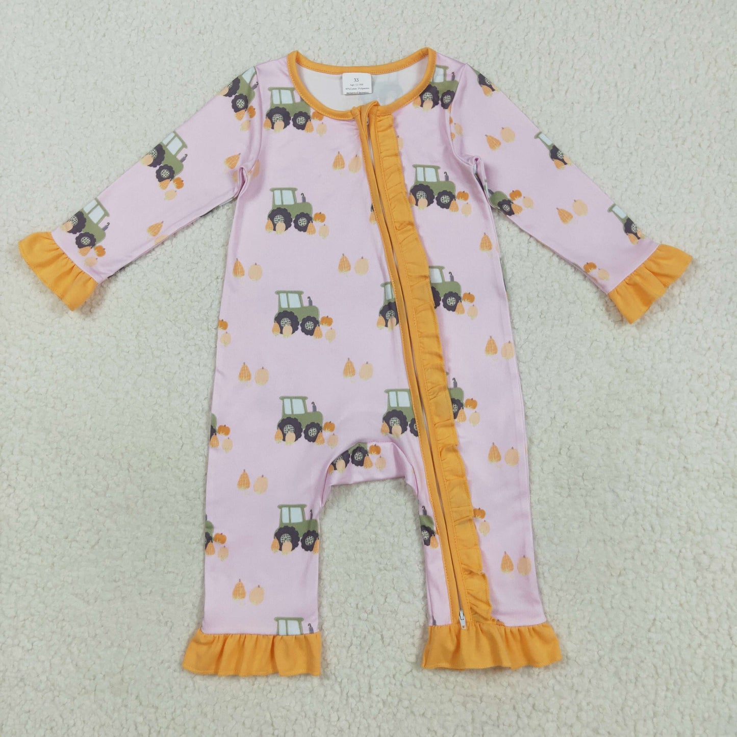 8.22 RTS NO MOQ （In stock）LR2336 Baby Girls Winter Rompers Baby Girls Pink Pumpkins Trucks Fall Ruffle Zipper Footie Rompers