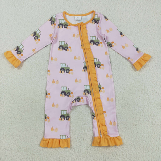 8.22 RTS NO MOQ （In stock）LR2336 Baby Girls Winter Rompers Baby Girls Pink Pumpkins Trucks Fall Ruffle Zipper Footie Rompers