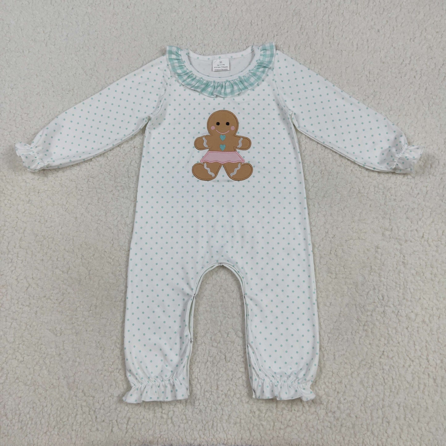 RTS NO MOQ （In stock）LR2341 Baby Girls Winter Rompers Embroidery Baby Girls Christmas Polka Dots Gingerbread Rompers