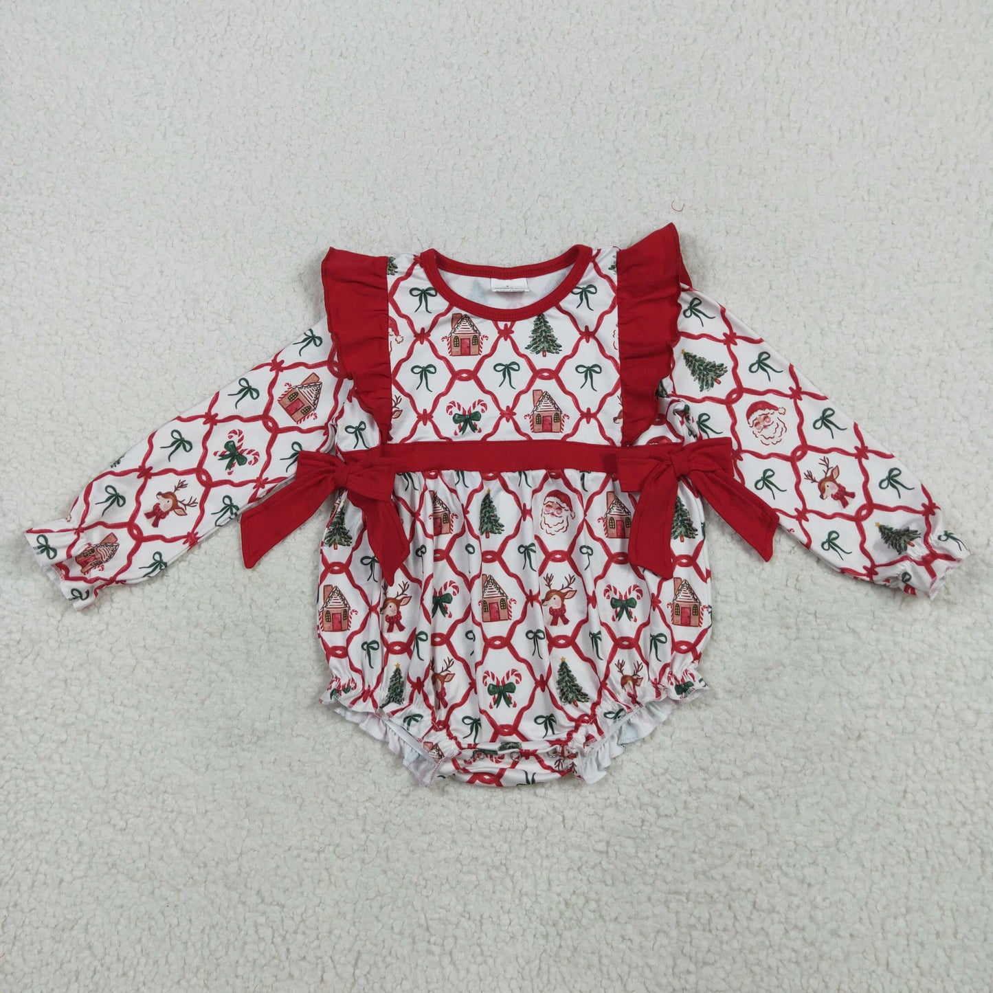 RTS NO MOQ （In stock）LR2352 Baby Girls Winter Rompers Baby Girls Christmas Trees Bows Ruffle Rompers