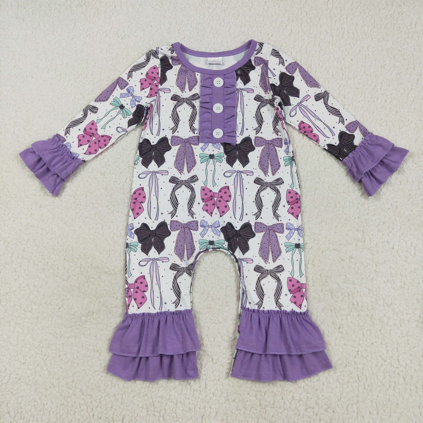 RTS NO MOQ （In stock）LR2355 Baby Girls Winter Rompers Baby Girls Long Ruffle Sleeves Purple Bows Button Pant Rompers