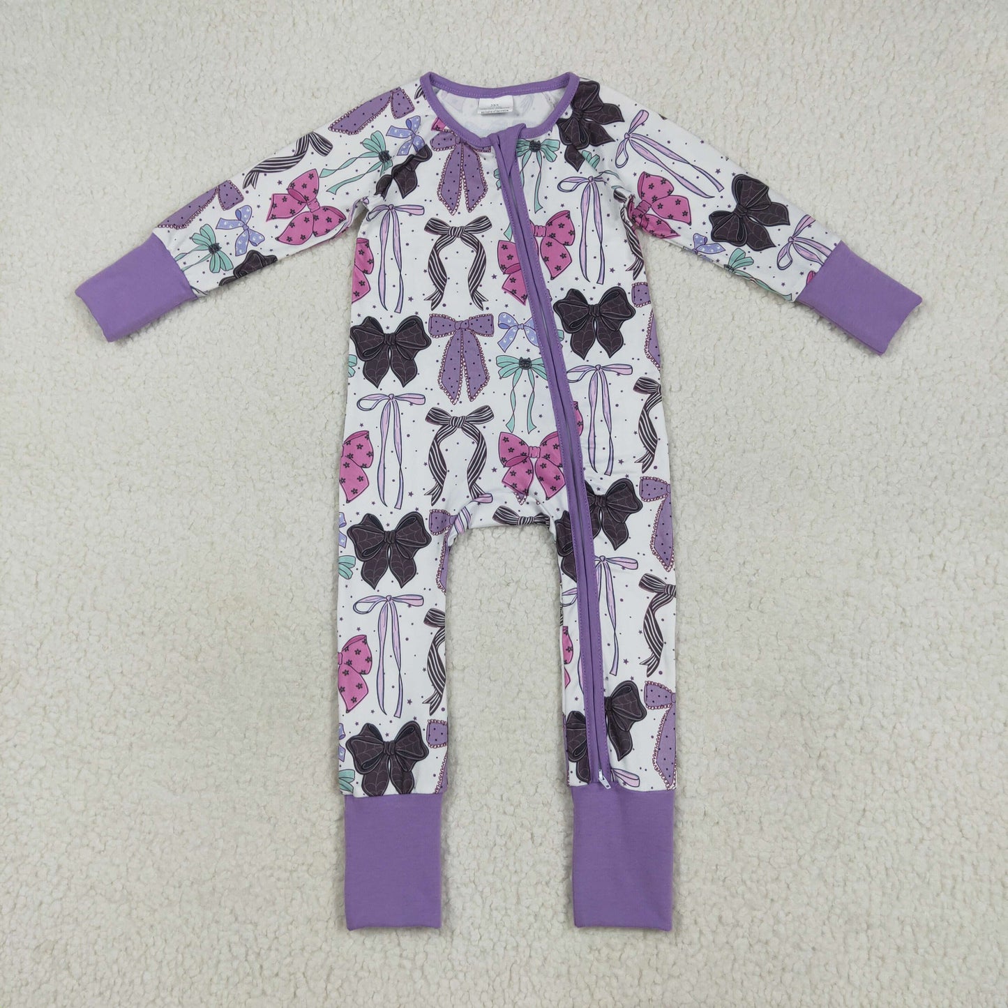 RTS NO MOQ （In stock）LR2358 Baby Girls Winter Rompers Baby Girls Long Sleeves Colorful Bows Zipper Rompers